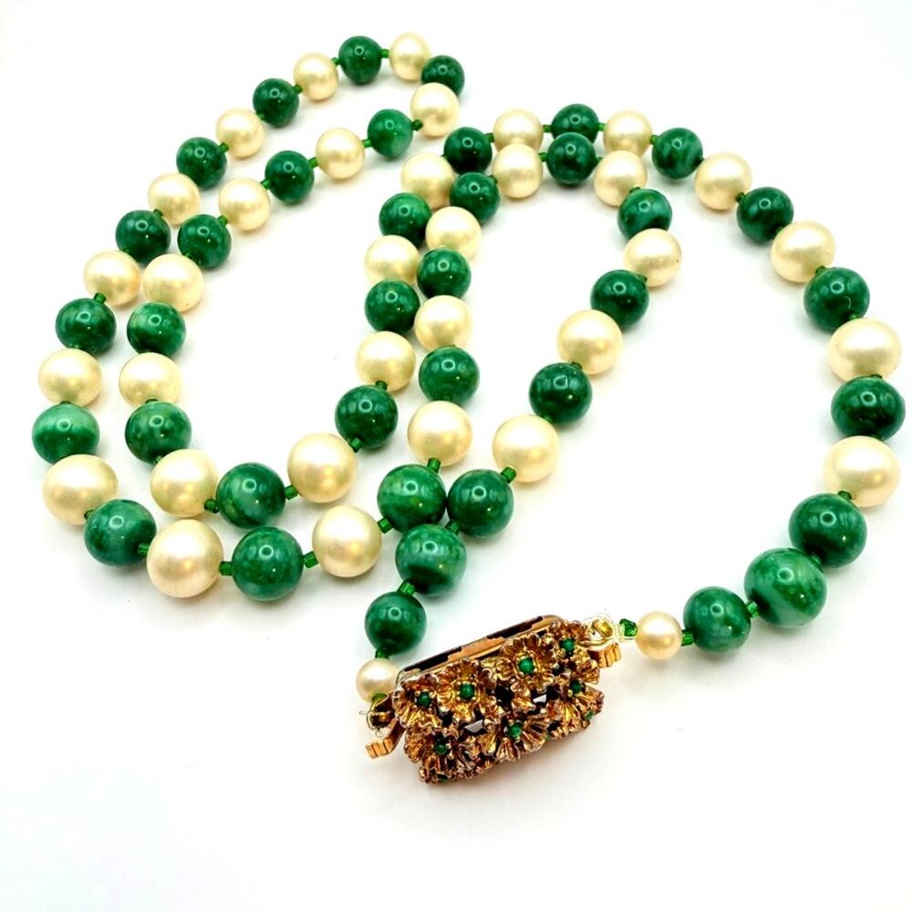 Vintage Czech Green Glass Pearl Hand Knotted Crystal Floral Brooch Clasp 32.5"